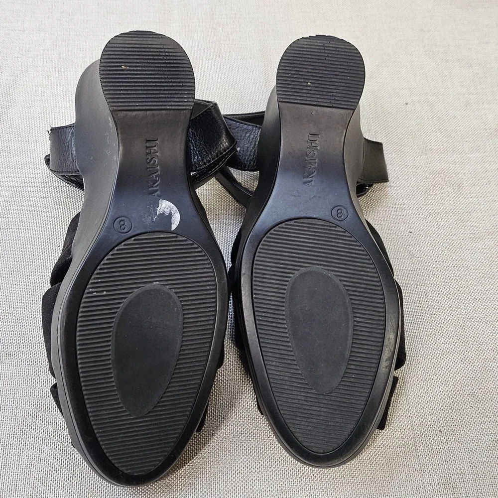 Akaishi Wedge Sandals Womens 8 Black Bow Ankle Strap Comfort Platform Shoes
